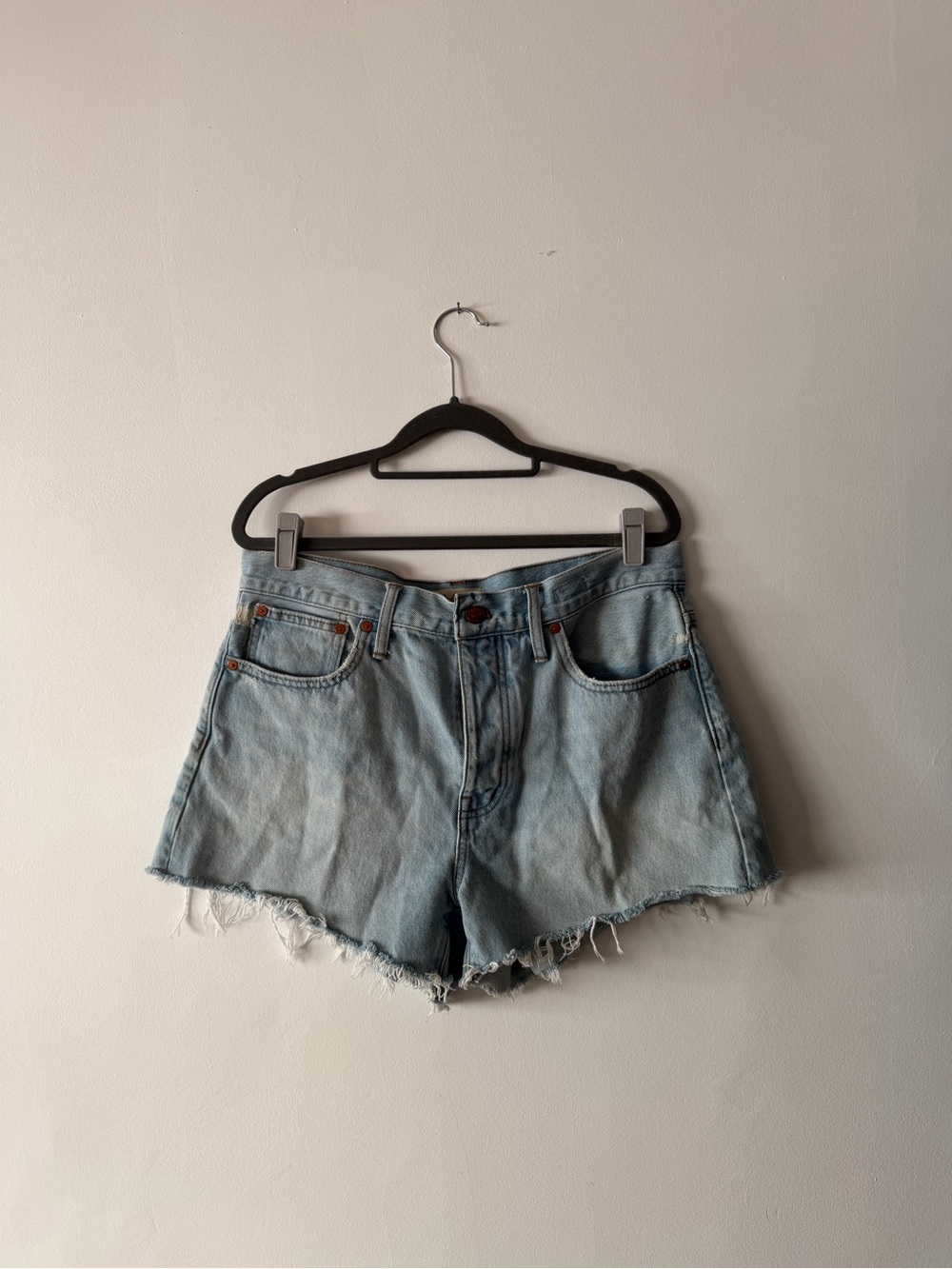 Madewell Light Wash Frayed Hem button fly Distressed Denim Shorts 29